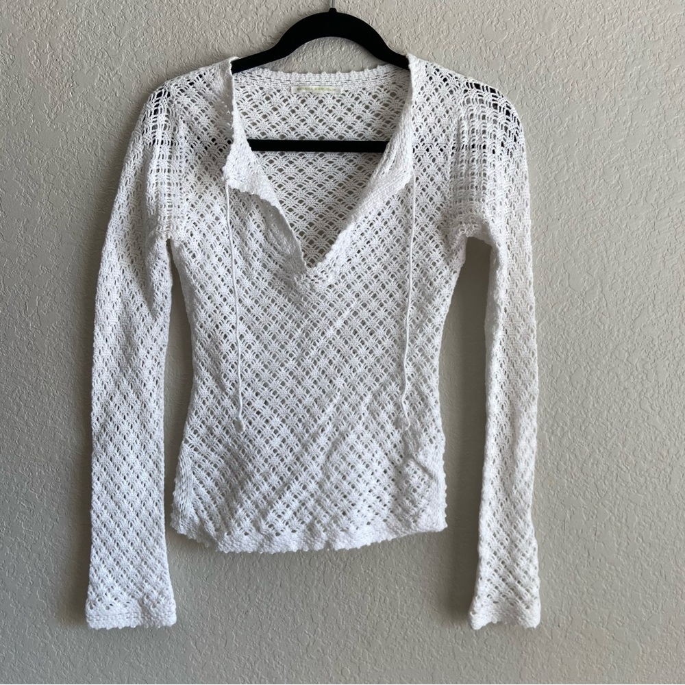 Vintage Y2K Crochet Open Knit Sweater Boho 2000s Long Sleeve Top